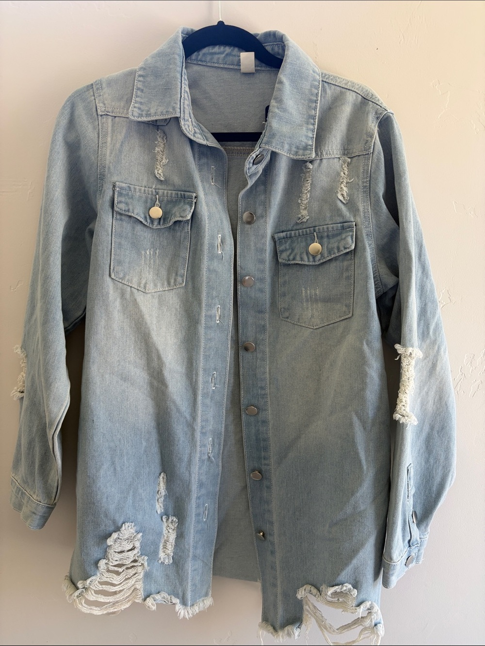 Distressed Light Wash Denim Shacket